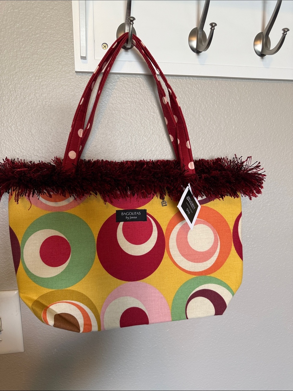 Retro Circle-Print Tote in Yellow and Burgundy